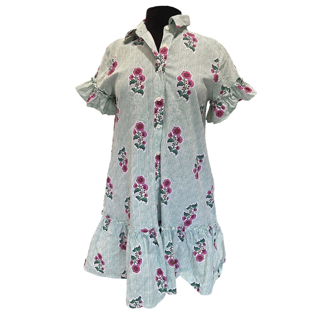 J.Crew Womens Green White Striped Pink Floral Ruffle Mini Shirt Dress Size 4